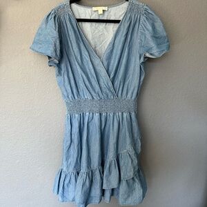 MICHAEL Michael Kors Blue Chambray Faux Wrap Ruffle Dress‎ Size Large
